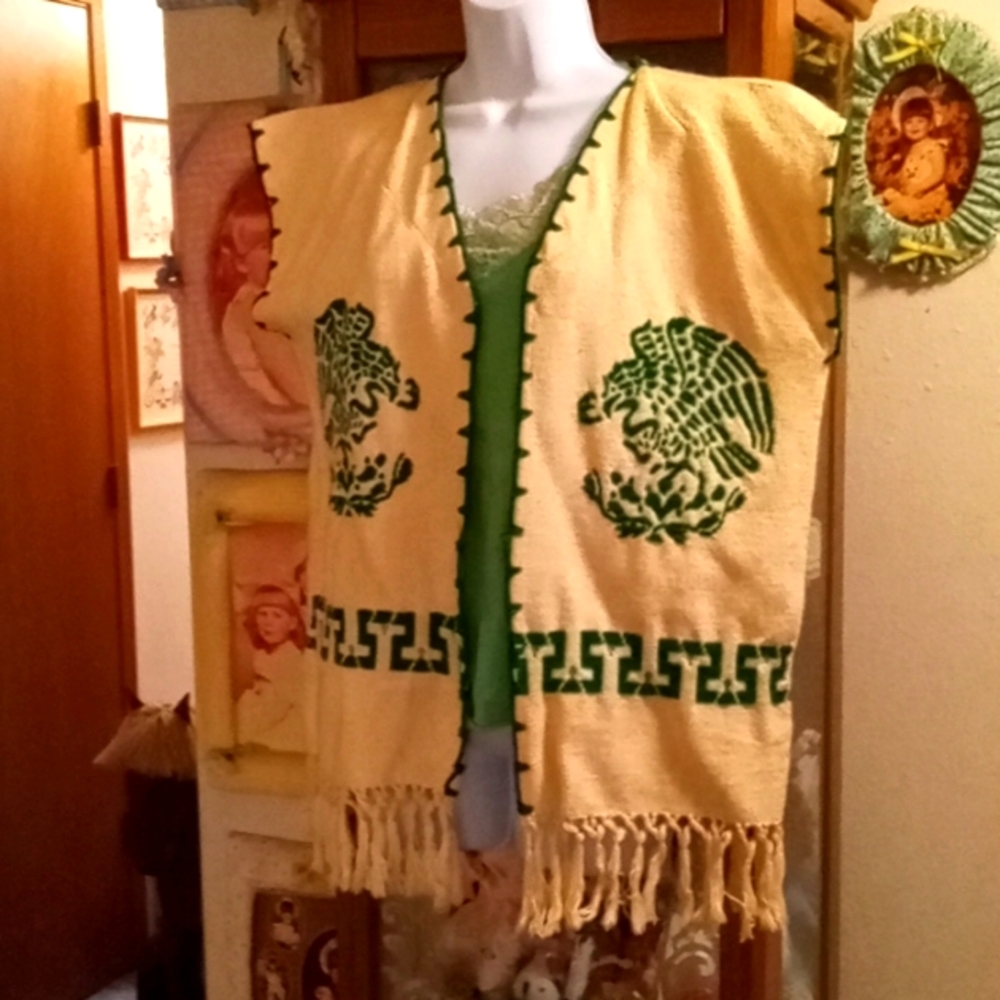 Authentic,Hand Made,Mexican,Vest/Aztec Calendar Design on the Back/Green Cami💚
